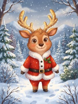 Cute reindeer wearing a santa suit standing in a snowy winter forest illustration