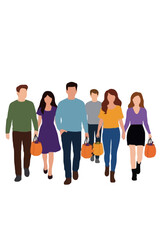 Fototapeta premium Group of friends walking down a street trick or treating vector illustration with pumpkin candy buckets in casual Halloween costumes flat style design for festive seasonal graphics
