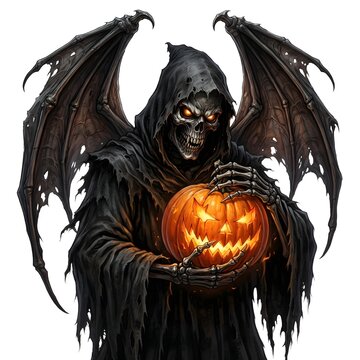 Digital painting of a winged grim reaper holding a jackolantern against a white background