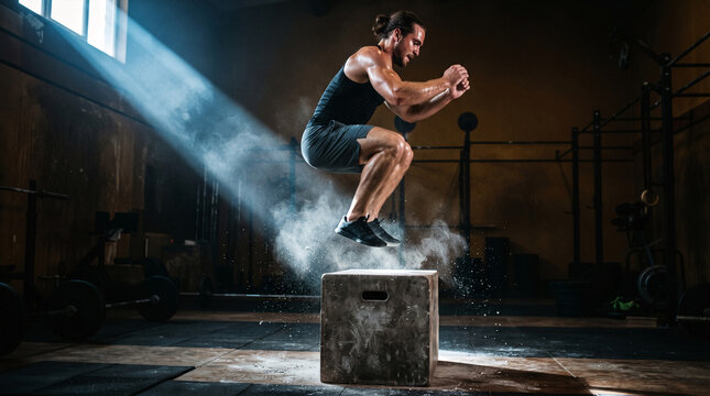 Muscular man performing box jump exercise in dusty gym with dramatic lighting