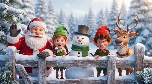 Festive christmas characters including santa claus elves and reindeer peeking over a wooden fence