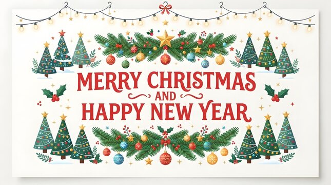 Festive christmas banner with trees and ornaments and merry christmas happy new year text