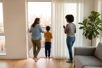 Fototapeta premium Two women and child at apartment balcony door with city view