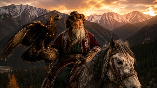 Mongol falconer riding horse with golden eagle in mountain