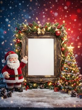 Festive christmas frame with santa claus and decorated tree against a snowy winter background