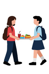 Fototapeta premium Hand-traced vector illustration of two diverse students walking together in a cafeteria line, one carrying a lunch tray filled with a burger, fries, and a soft drink. This graphic icon captures