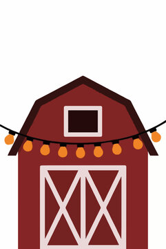 Hand-drawn vector icon illustration of a rustic red barn with classic white crossbuck doors and a string of glowing orange festive lights draped across the rooftop facade