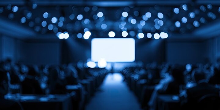 A blurred audience watches a bright screen in a darkened auditorium