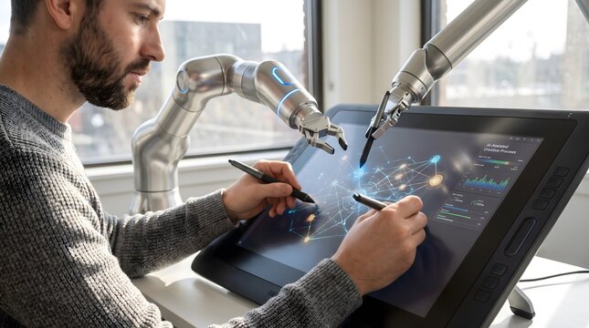 Graphic designer collaborating with robotic arm on digital drawing tablet in modern creative studio