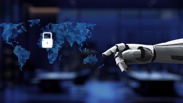 A robotic hand points towards a virtual network of locks and data points, symbolizing the intersection of technology and security in a modern digital environment. Synapse