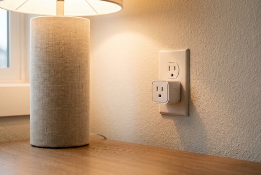 White smart plug device inserted into a wall outlet near a glowing beige table lamp