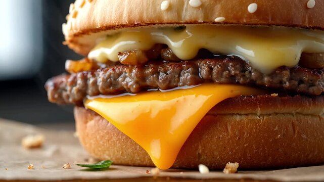 Juicy beef cheeseburger with melted cheese and fresh bun on wooden board
