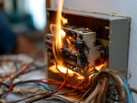 Burning electrical junction box, symbolizing power overload, short circuit hazard, system meltdown, emergency crisis, and severe infrastructure failure.