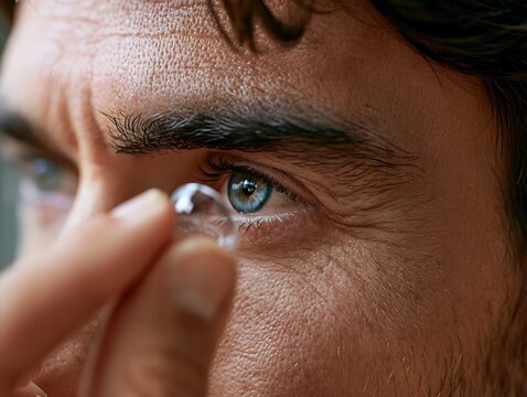 Close-up of man applying contact lens, symbolizing poor vision correction, myopia relief, optical focus, blurred view, eyestrain solution, and sight impairment.