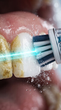 Close-up of electric toothbrush cleaning stained teeth with water spray