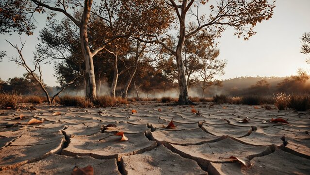 Parched woodland with withered trees in dry landscape &ndash; Great for climate change reports, drought impact, or nature conservation.