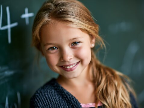 Smiling girl at blackboard, symbolizing early education gaps, academic pressure, standardized testing, STEM gender equity, and learning motivation.