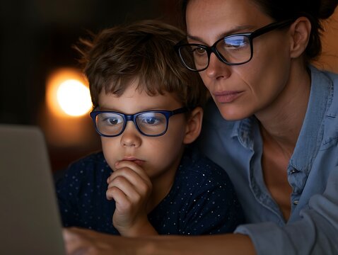 Mother helping focused young son at laptop in dark room, symbolizing early childhood homeschooling, parental guidance, digital literacy, and nighttime study concentration.