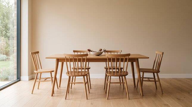Minimalist Dining Room with Oak Wooden Table and Spindle Back Chairs in Bright Modern Interior