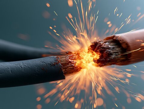 Sparks exploding between short-circuiting electrical cables, symbolizing power failure, system overload, risk, sudden conflict, and technical breakdown.