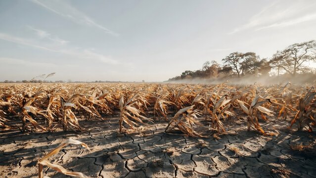 Withered corn stalks bending in hot wind on dry cracked field &ndash; Perfect for crop failure, agricultural drought, or global warming news.
