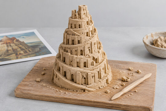 Miniature Tower of Babel clay sculpture on wooden board with shaping stick, educational craft concept