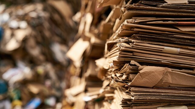Close-up of a large stack of crumpled and torn brown cardboard boxes