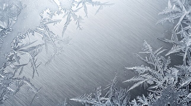 Frost crystals form intricate patterns across a frozen glass window pane during a cold winter morning.