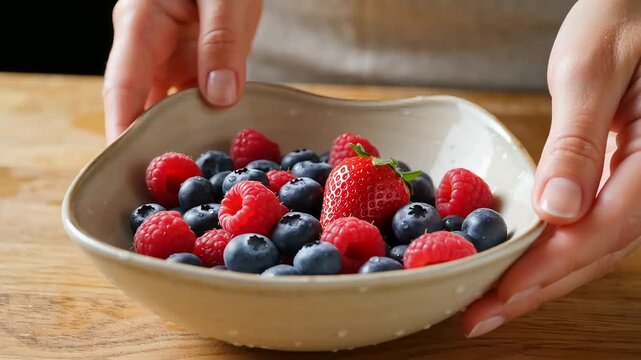 Hands holding bowl filled with fresh raspberries and blueberries on wooden surface