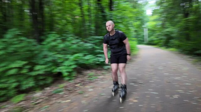 A man on rollerskates speeds down a steep hill in a forest. He takes a sharp turn while moving fast. The trees surround him. The ground is clear as he glides through the area.