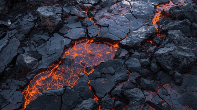 Molten lava cooling into cracked basalt shapes with vibrant orange glow and dark rugged texture