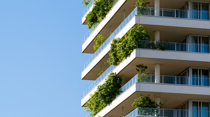 Naklejka premium Modern eco architecture building exterior with green plant balconies and terraces against clear blue sky in urban sustainability concept