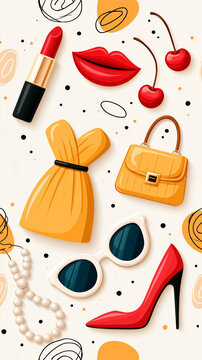Fashionable women's dress, lipstick, lips, glasses, high-heeled shoes, beads illustration
