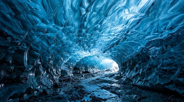 Glacier ice cave interior with blue crystalline textures. Frozen arctic cavern landscape. Natural winter ice tunnel background.