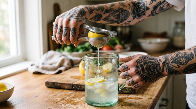 Tattooed hands squeezing fresh lemon into a pitcher of ice water and lemon slices for a refreshing drink