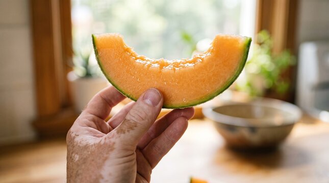 Hand holding a juicy slice of cantaloupe melon with a bite taken out, indoors with soft natural light