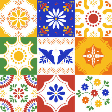 Colorful Mexican Talavera Ceramic Tile Seamless Pattern Inspired by Puebla, Mexico. Floral Vector Background.