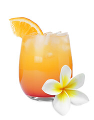 Refreshing cocktail and plumeria flower on white background © New Africa