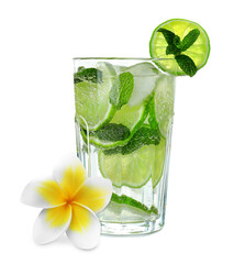 Tasty refreshing cocktail and plumeria flower on white background © New Africa