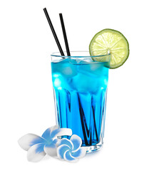 Refreshing cocktail and plumeria flowers on white background © New Africa