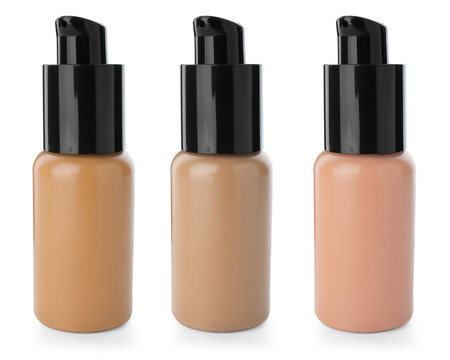 Set of liquid foundation in various shades isolated on white. Makeup product