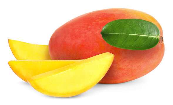 Whole and cut mangoes isolated on white