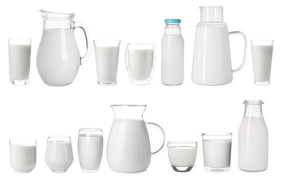 Milk in different glassware isolated on white, set