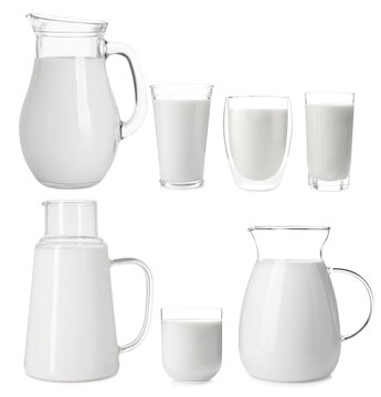 Fresh milk in different glassware isolated on white, set