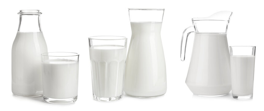Milk in different glassware isolated on white, set