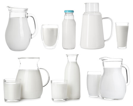 Fresh milk in different glassware isolated on white, set