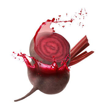 Whole and cut beets with splashing juice in air on white background