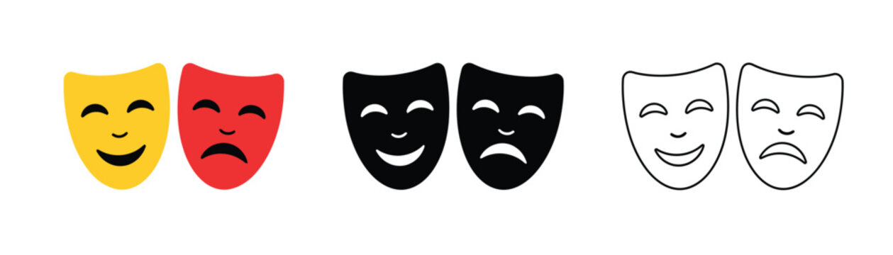 Theater masks icon set featuring comic, tragic and masquerade masks for drama, stage, comedy and entertainment.