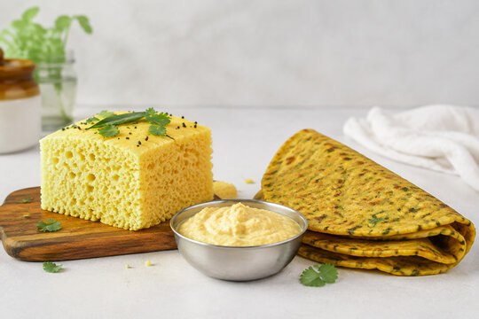 Steamed dhokla square with thepla flatbread and chickpea batter bowl, retail food display