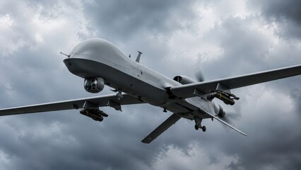 Naklejka premium Military Combat Reconnaissance Drone Flying Under Dramatic Storm Clouds